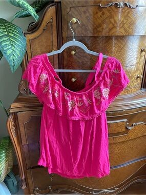 Time and Tru Women's Hot Pink Embroidered Off-Shoulder Top